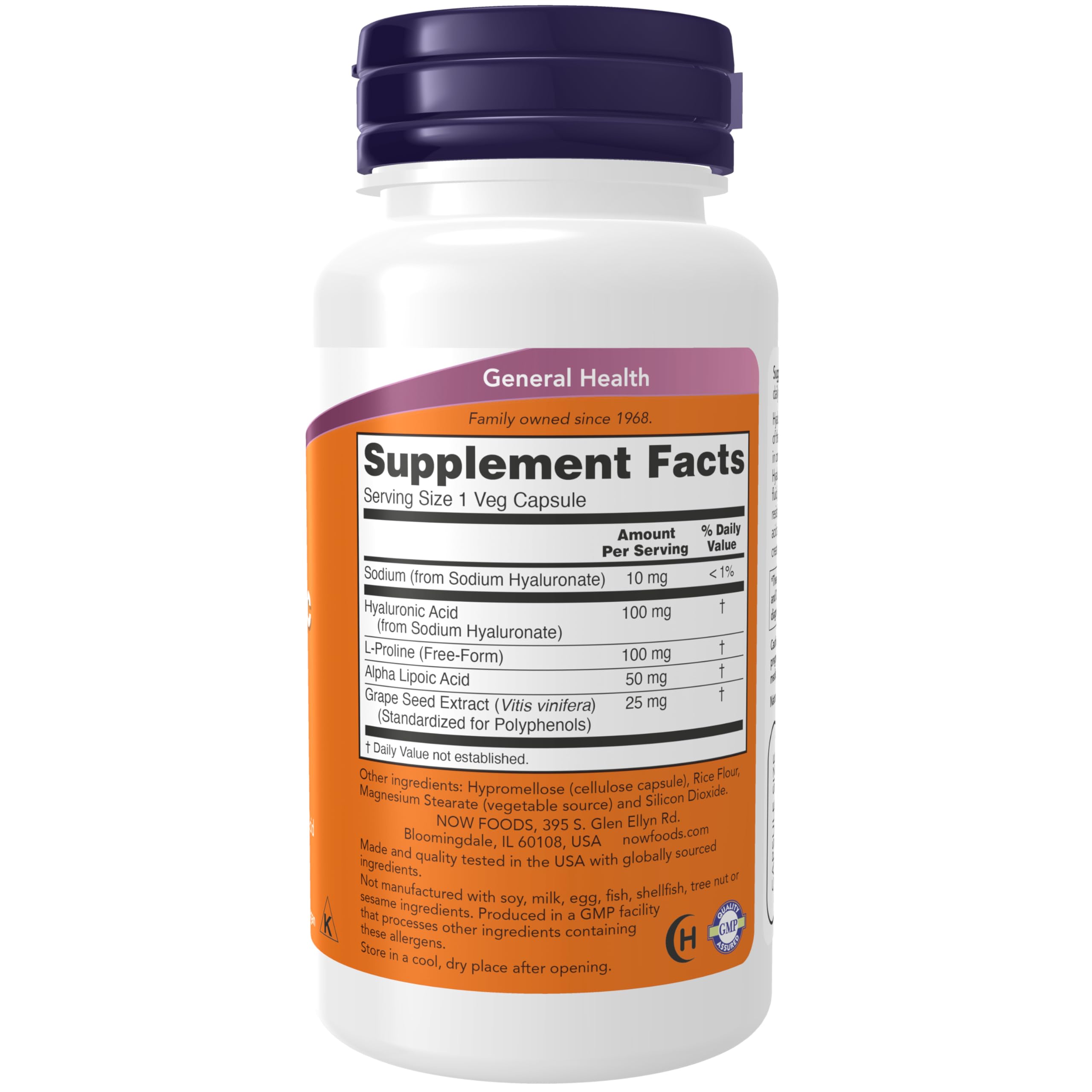 NOW Foods Hyaluronic Acid 100 mg capsule closeup shows double-strength formula.