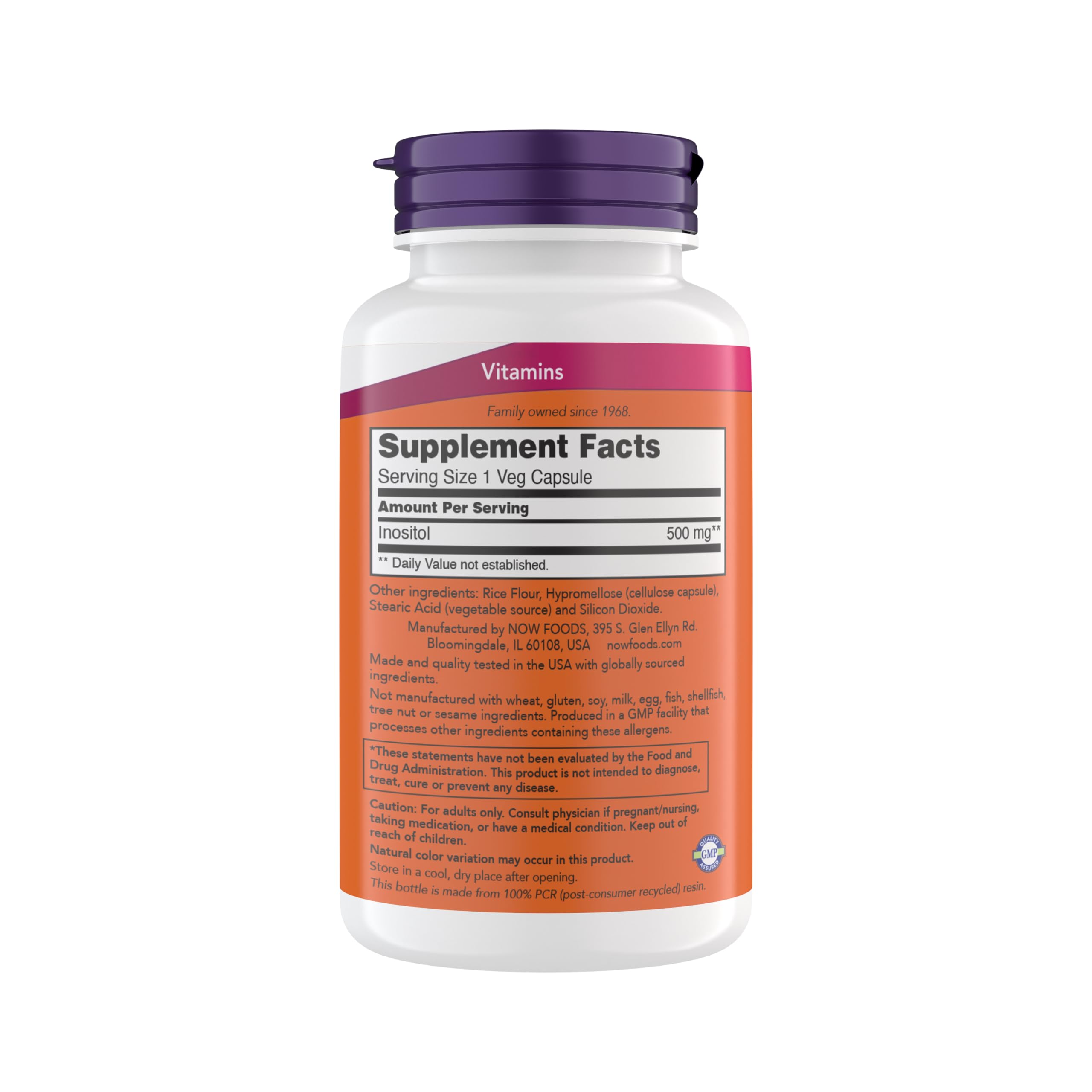 NOW Foods Inositol 500 mg capsules close-up highlights cellular health support.