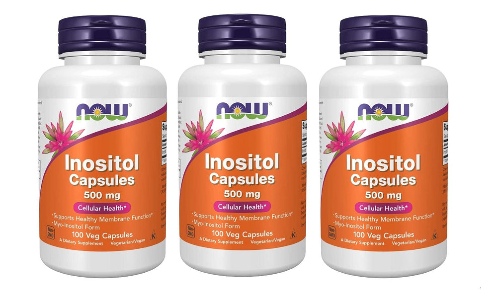 NOW Foods Inositol 500mg bottle on a kitchen counter for daily dietary support.