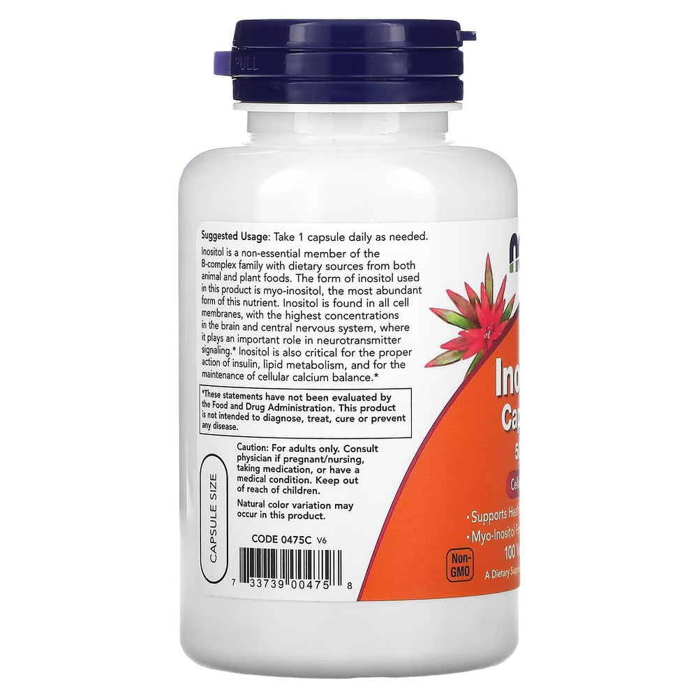 NOW Foods Inositol 500 mg packaging highlights vegan, non-GMO formula.