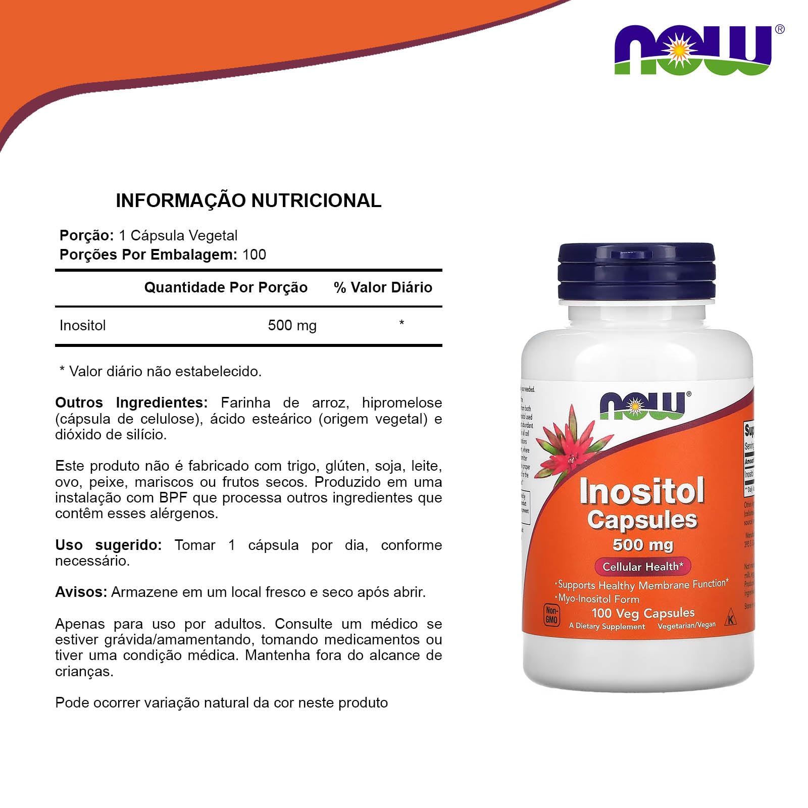 NOW Foods Inositol 500 mg bottle on shelf for cellular calcium balance support.