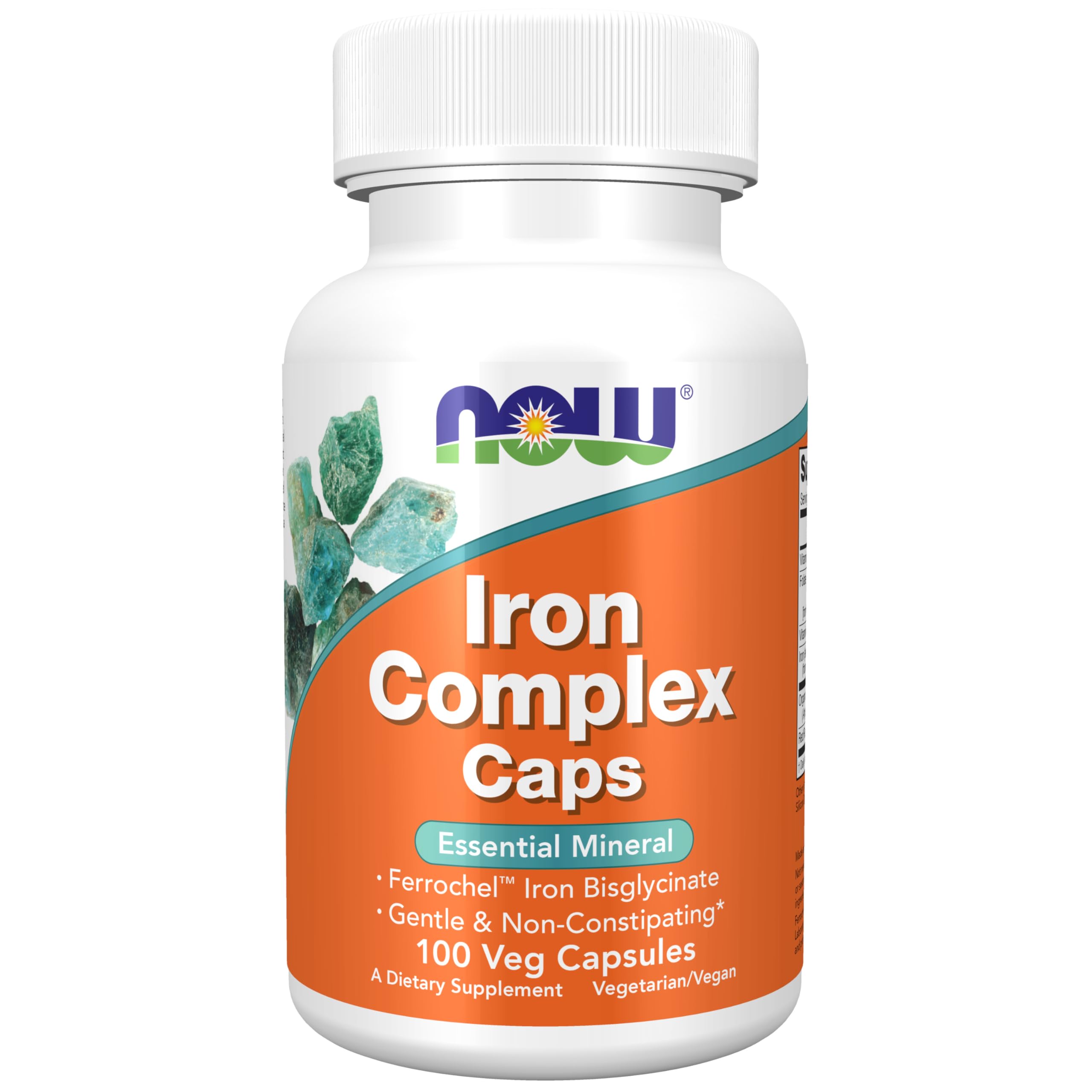 NOW Foods Iron Complex Caps bottle front, vegan formula designed to support iron absorption.