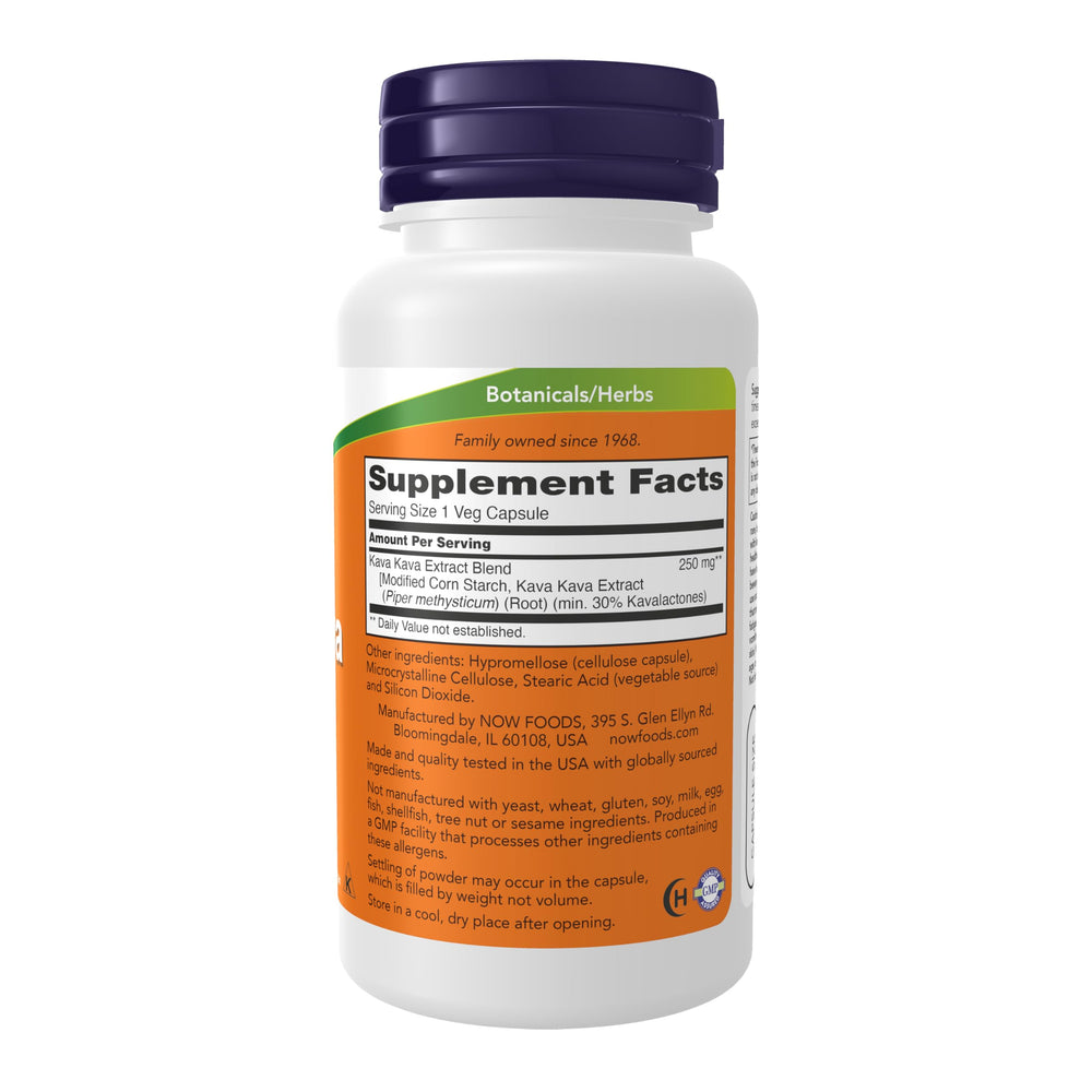 NOW Foods Kava Kava capsules close-up label signaling 30% kavalactones for calm