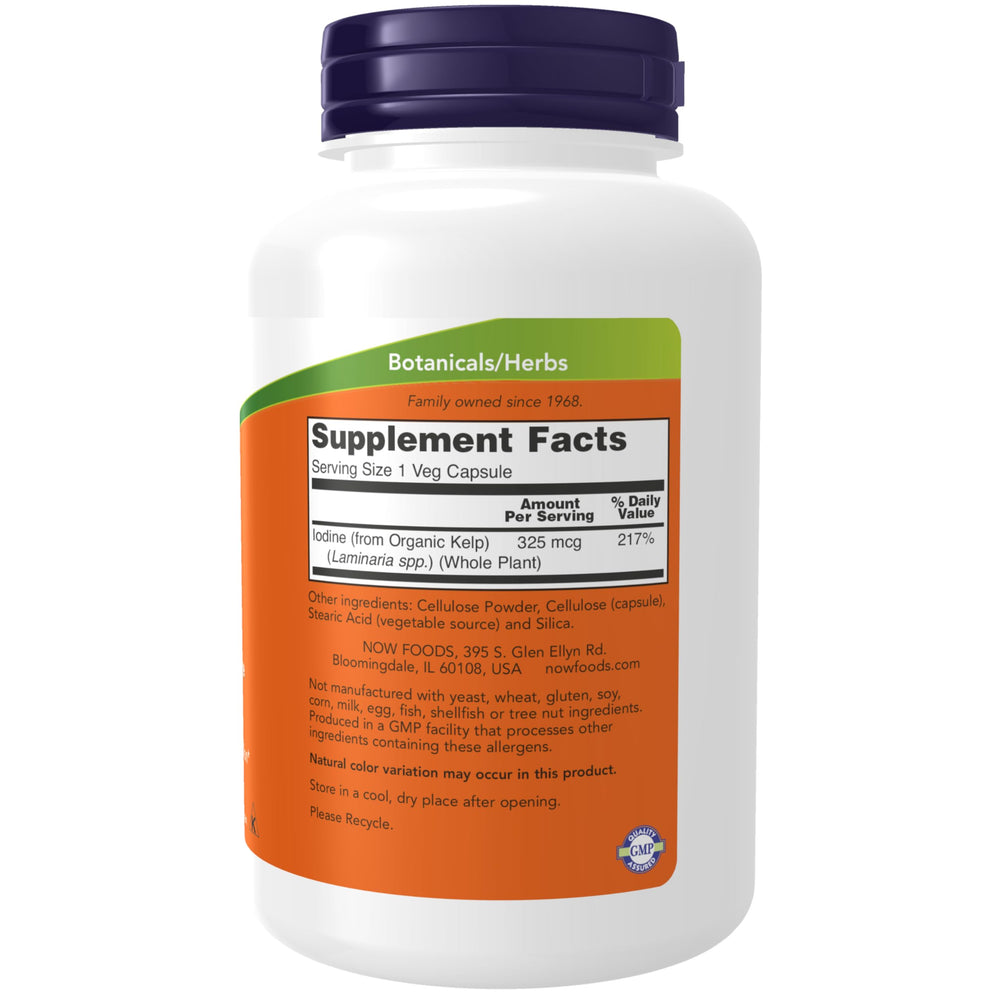 NOW Foods Kelp bottle labeling shows vegan and non-GMO certifications