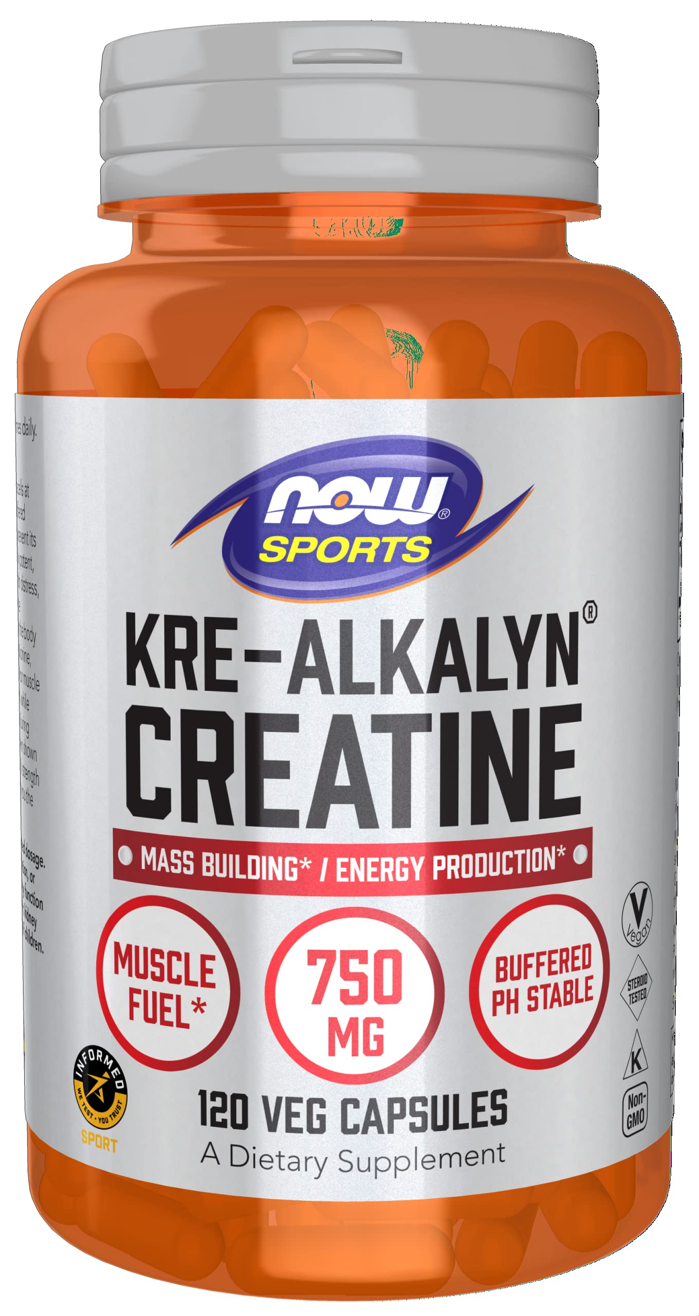 NOW Foods Kre-Alkalyn Creatine 750 mg bottle for easy daily supplementation.