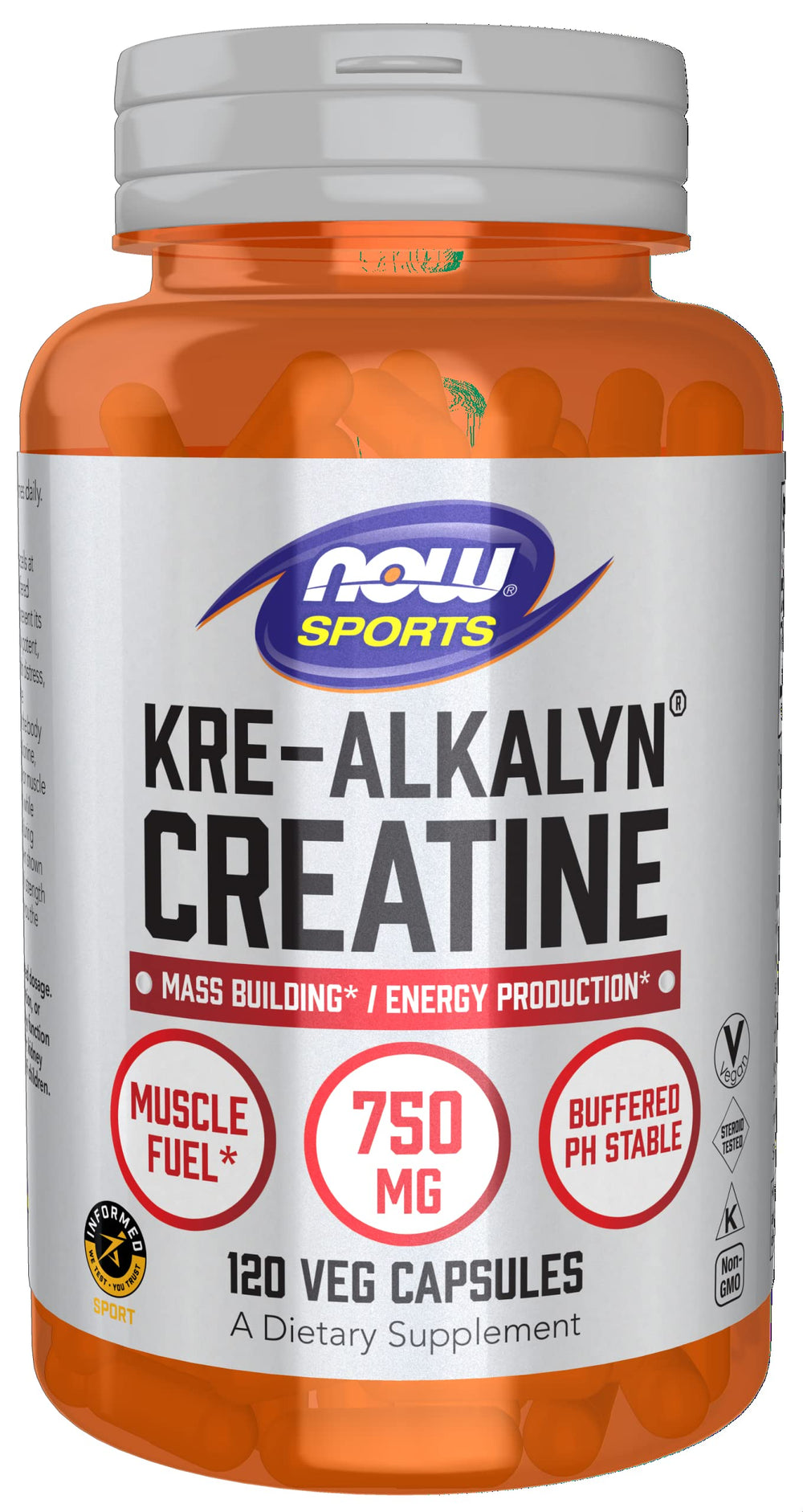 NOW Foods Kre-Alkalyn Creatine 750 mg bottle for easy daily supplementation.