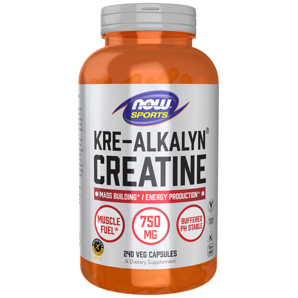 NOW Foods Kre-Alkalyn Creatine bottle front, featuring pH-stable formula for smoother uptake