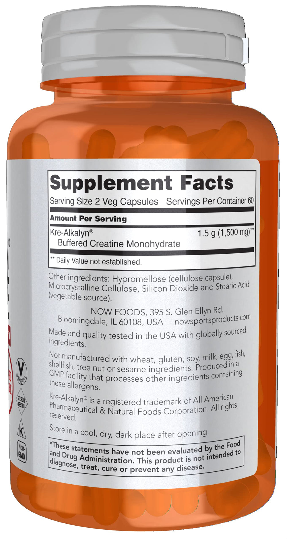 NOW Foods Kre-Alkalyn Creatine capsules closeup highlighting convenient form.