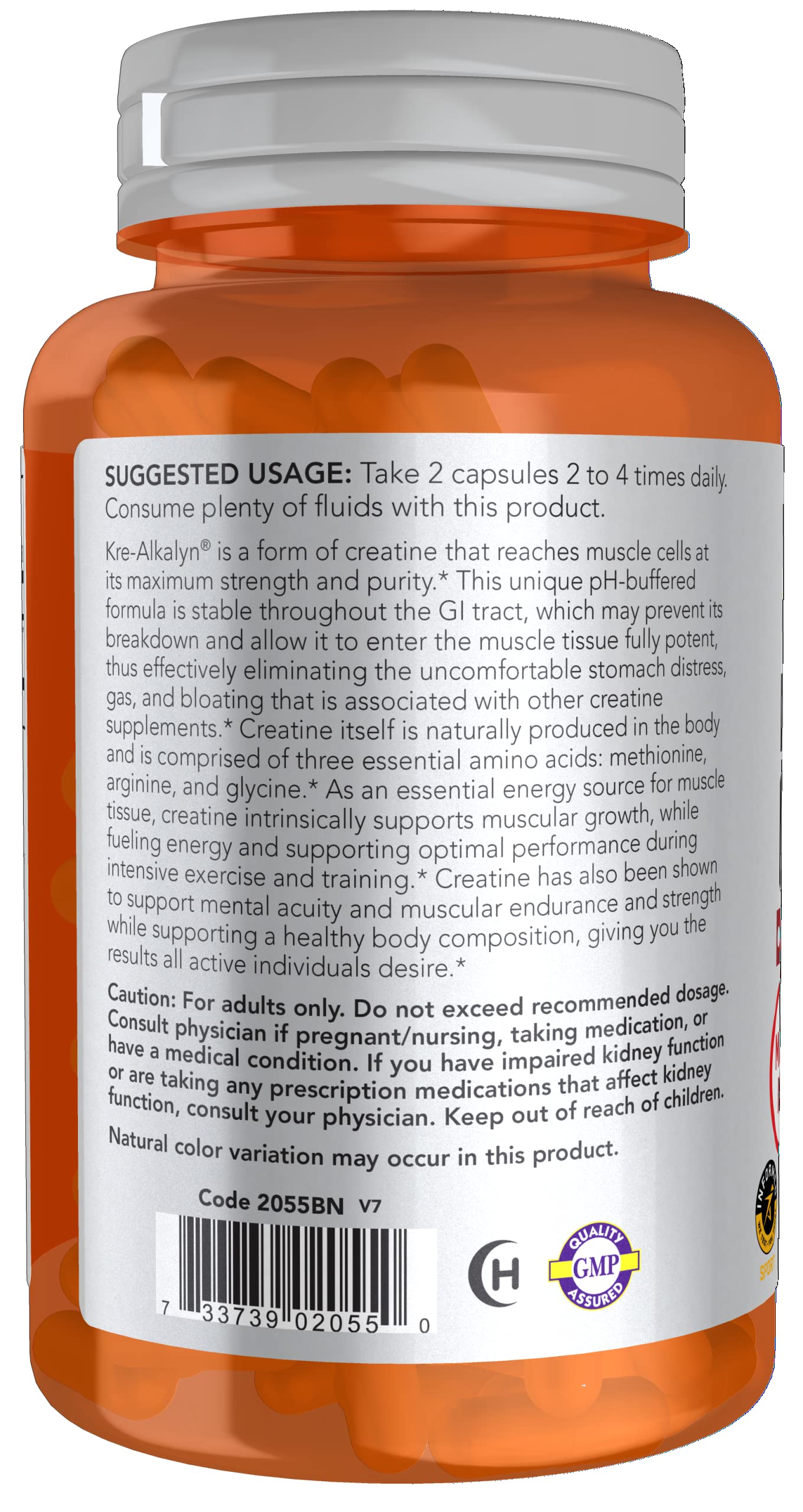NOW Foods Kre-Alkalyn Creatine label closeup shows pH buffered stability.