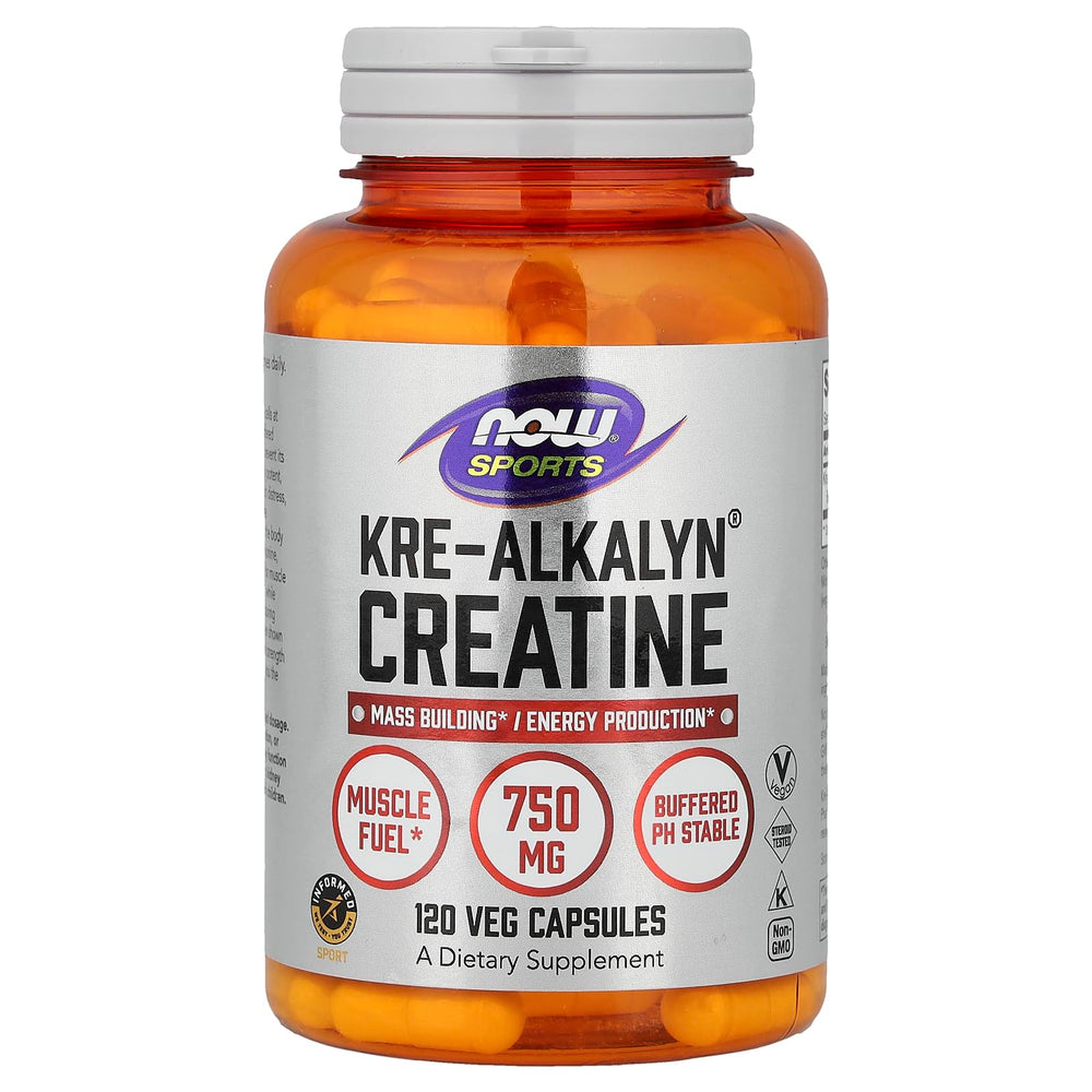 NOW Foods Kre-Alkalyn Creatine workout action shot conveys performance support.