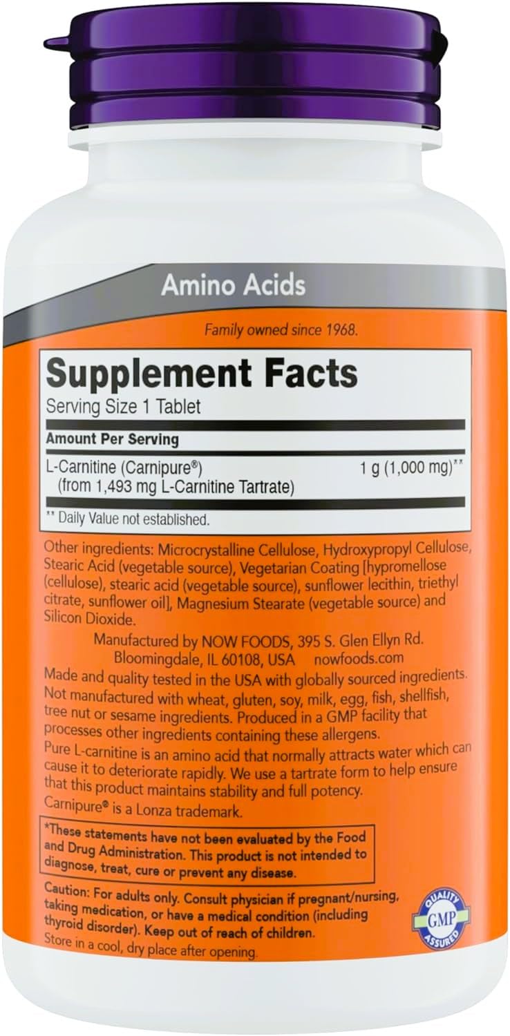 NOW Foods L-Carnitine 1000mg bottle-front shows non-GMO vegan-friendly tablets