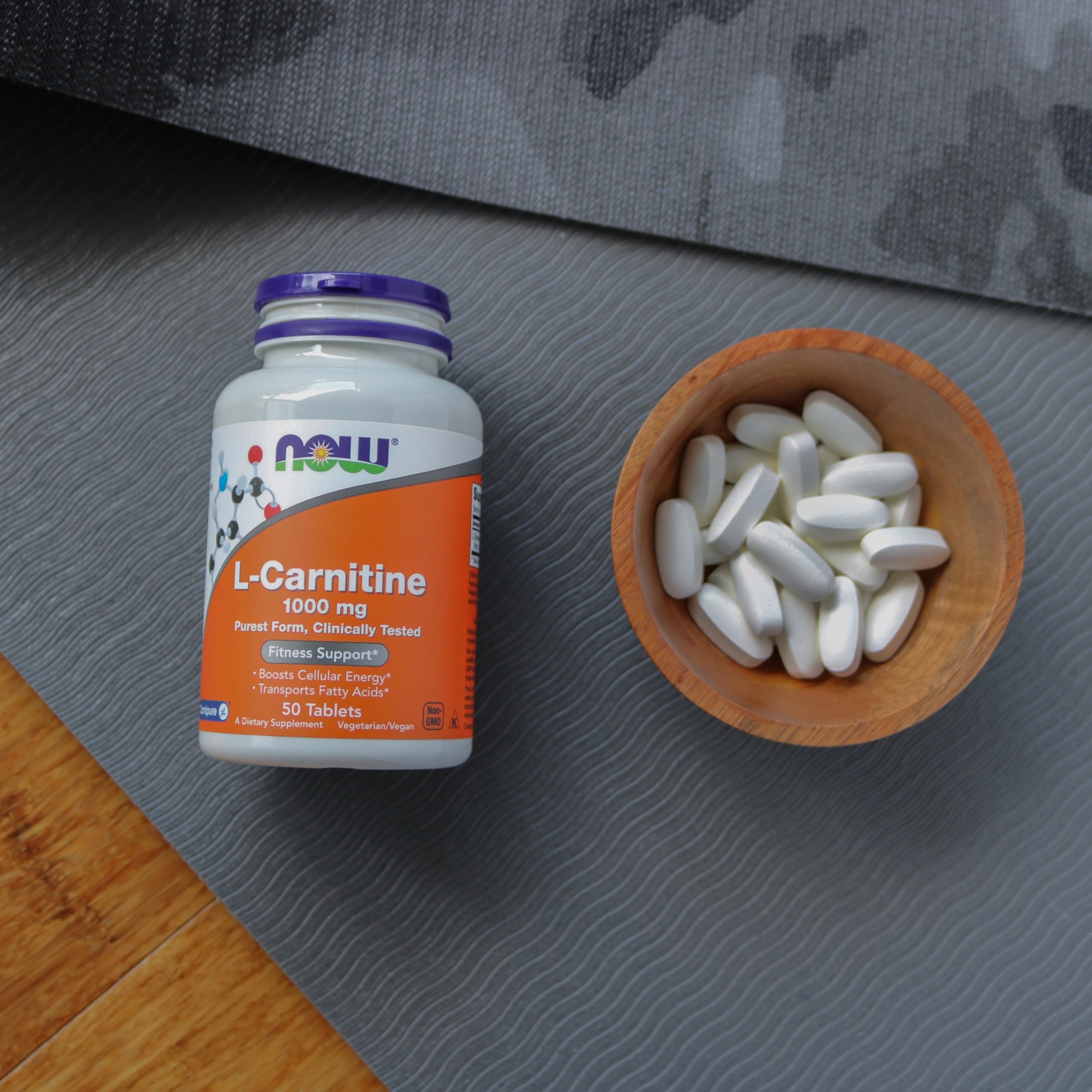 NOW Foods L-Carnitine 1000 mg tablets vegetarian symbol indicates plant-based sourcing