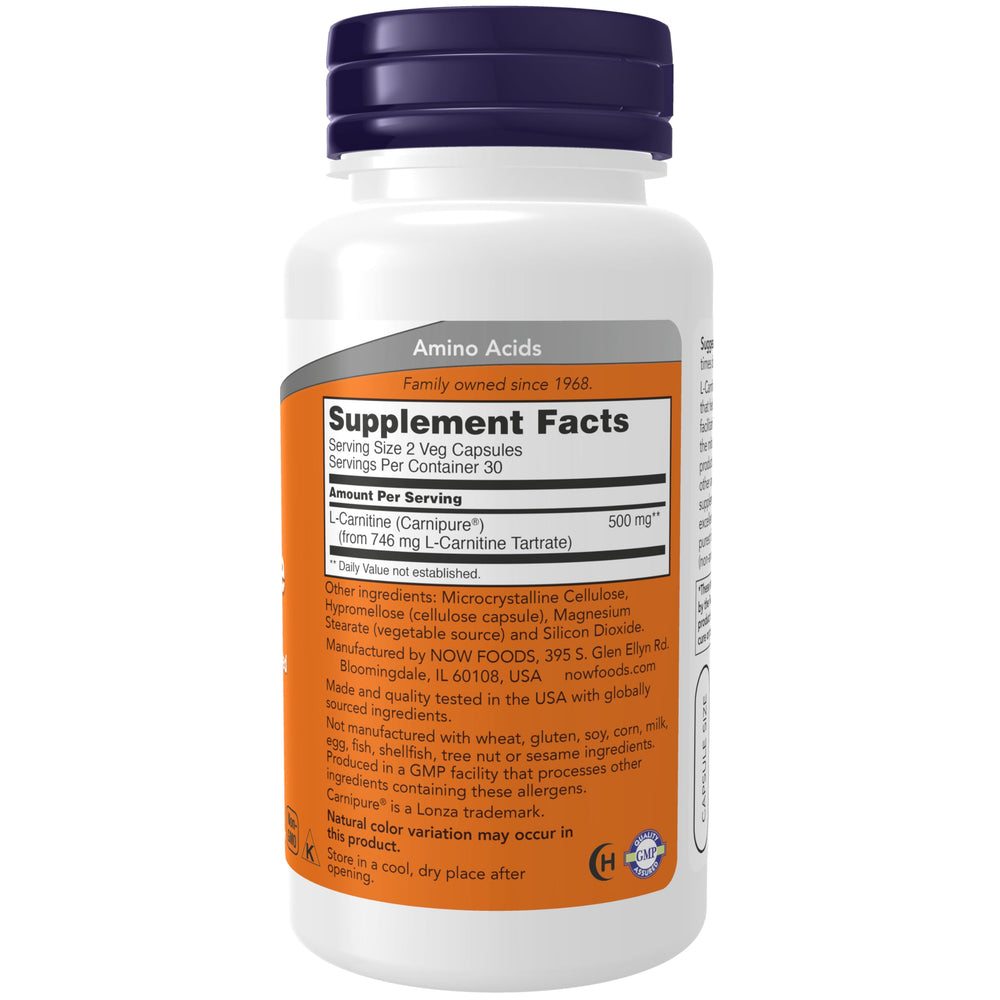 NOW Foods L-Carnitine 250 mg capsules close-up showing veggie capsules