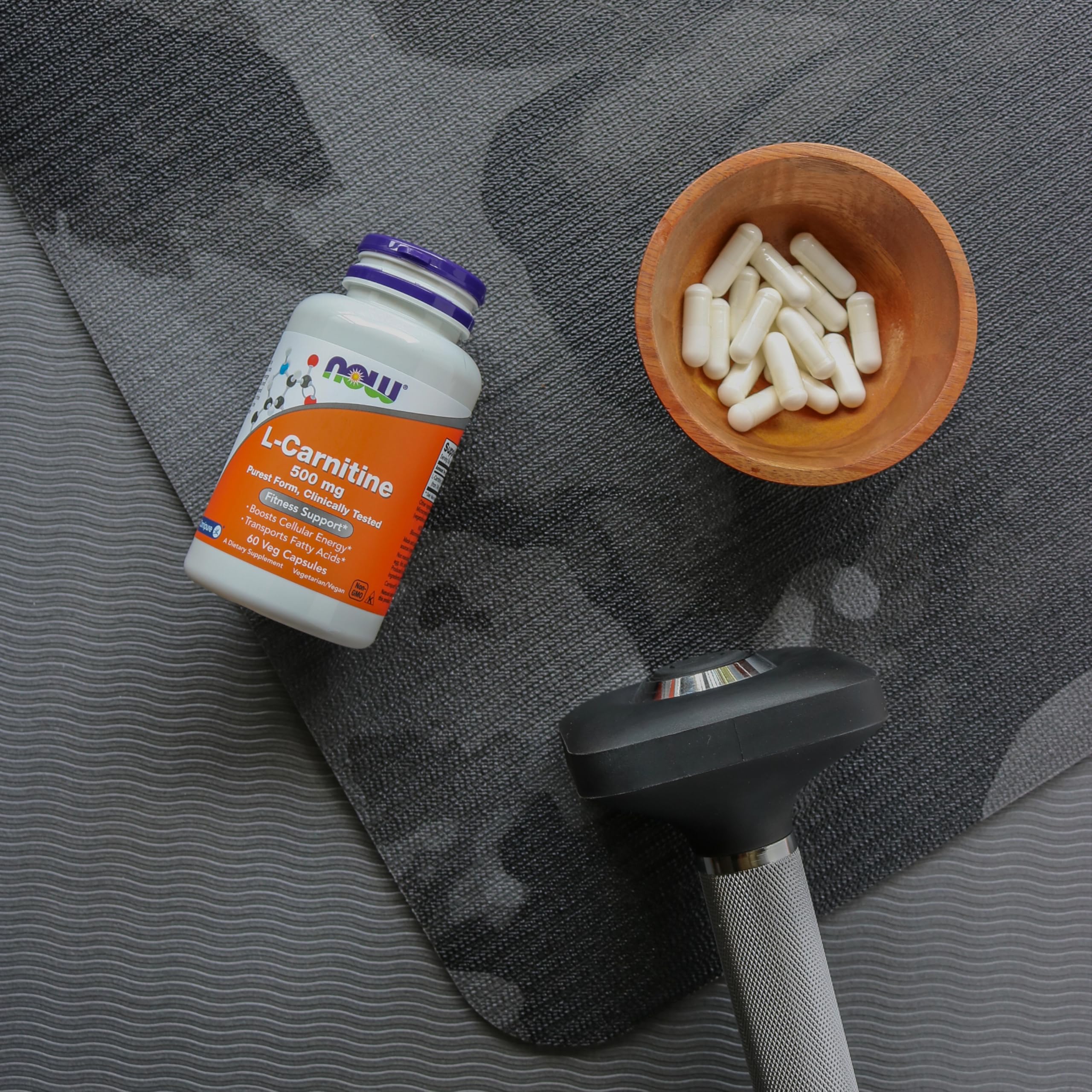 NOW Foods L-Carnitine 500mg ingredient panel highlights clean, vegetarian formulation.