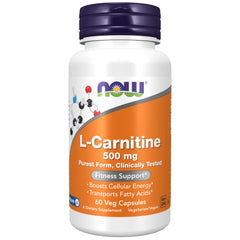 NOW Foods L-Carnitine 500mg veggie capsules bottle for easy daily fitness support.
