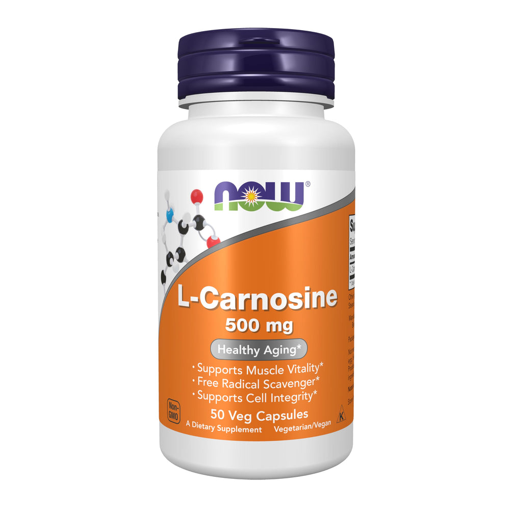 NOW Foods L-Carnosine 500mg bottle showcasing compact daily supplement for muscle vitality