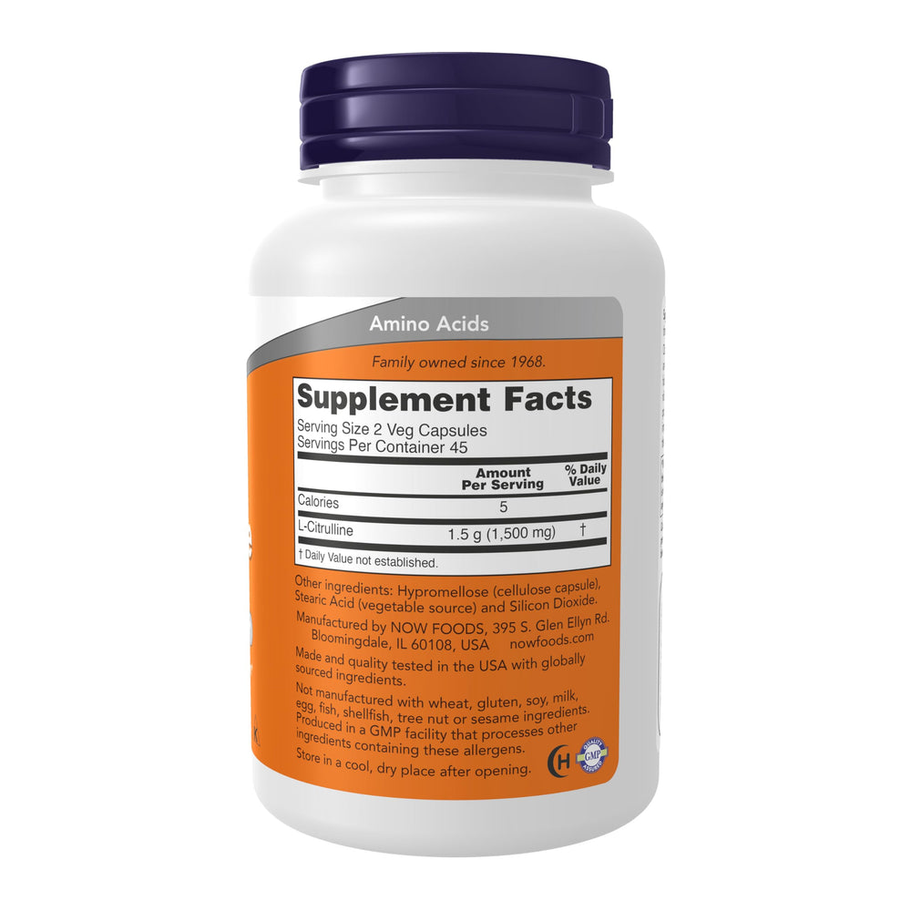 NOW Foods L-Citrulline veggie capsules closeup highlighting vegetarian formula for plant-based support