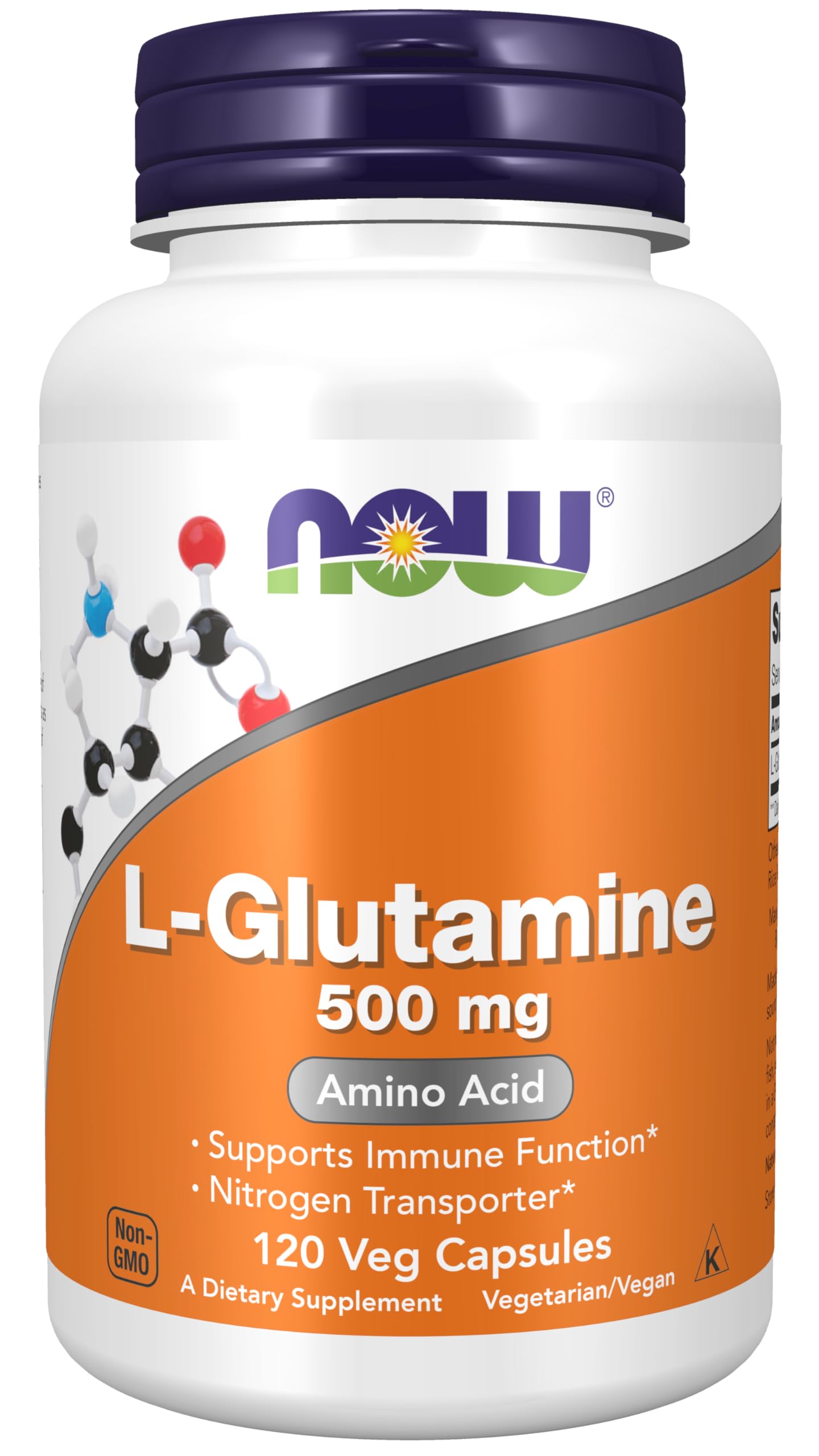 NOW Foods L-Glutamine 500 mg bottle front view for nitrogen transporter potential.