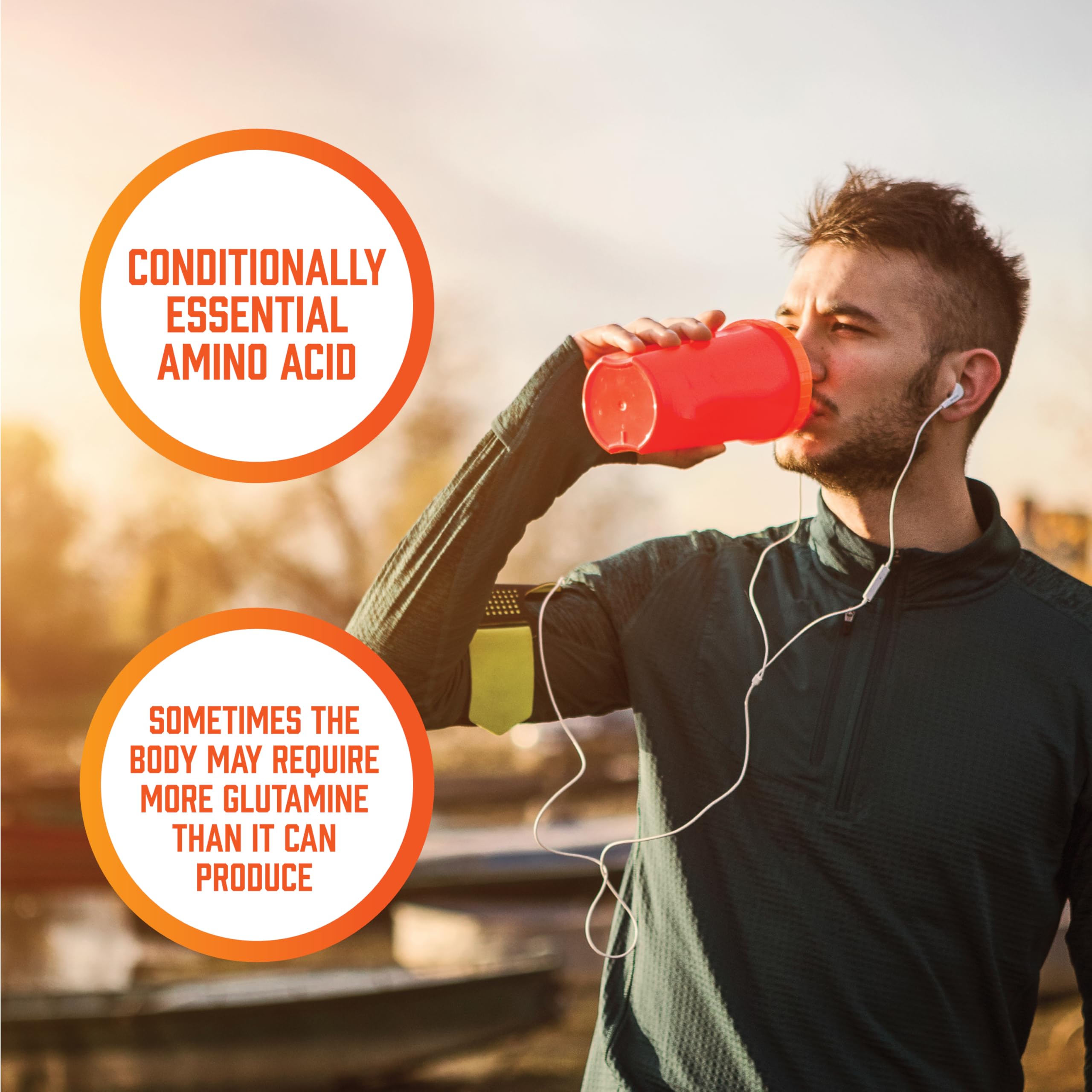 NOW Foods L-Glutamine bottle with water beside it