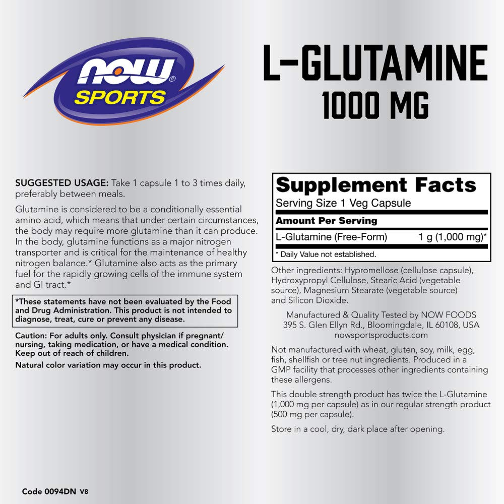 NOW Foods L-Glutamine capsules closeup showing easy to swallow capsules