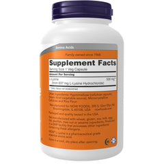 NOW Foods L-Lysine 500 mg capsules close-up, convenient daily supplement option