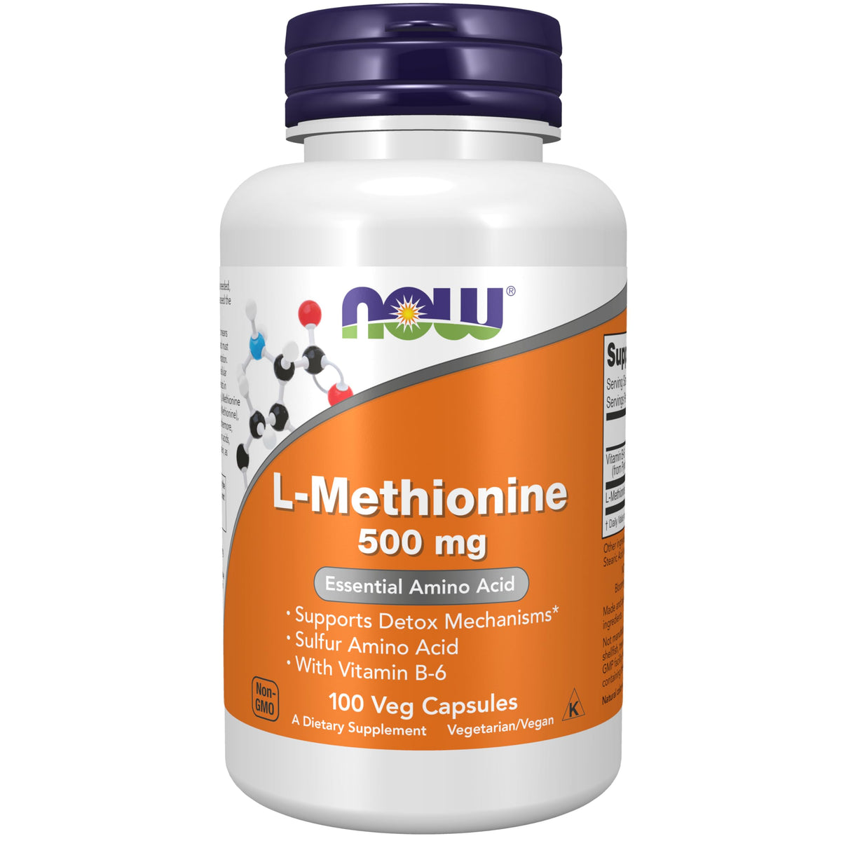 NOW Foods L-Methionine 500 mg bottle with capsules for daily detox support.