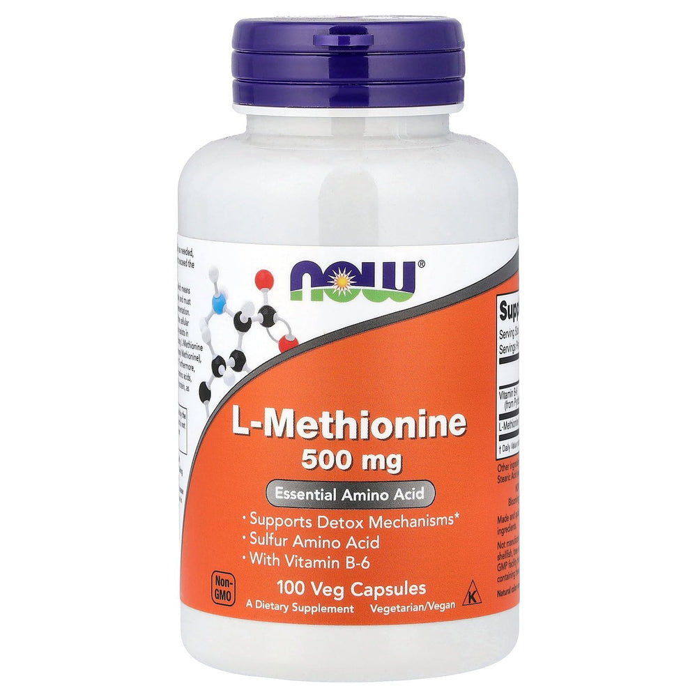 NOW Foods L-Methionine 500 mg bottle on a clean shelf, showcasing the daily supplement option