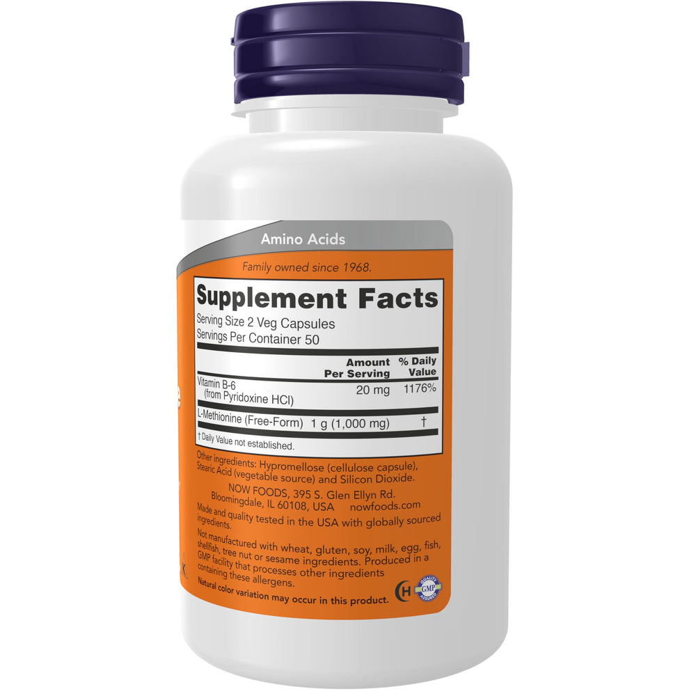 NOW Foods L-Methionine 500 mg capsules in pack for convenient amino acid supplementation.