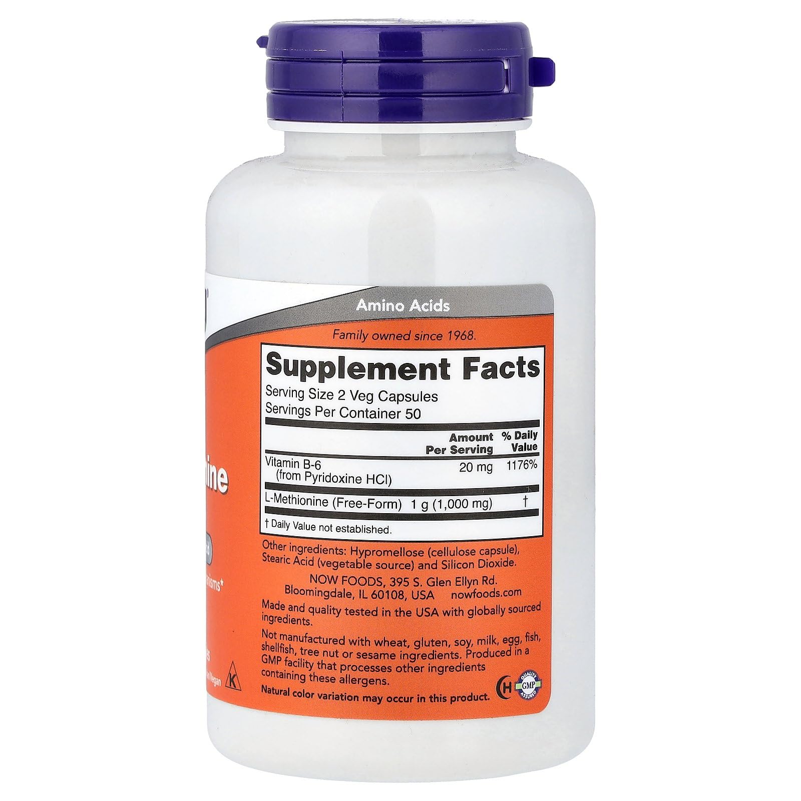 NOW Foods L-Methionine 500 mg capsules for balanced sulfur amino acid intake