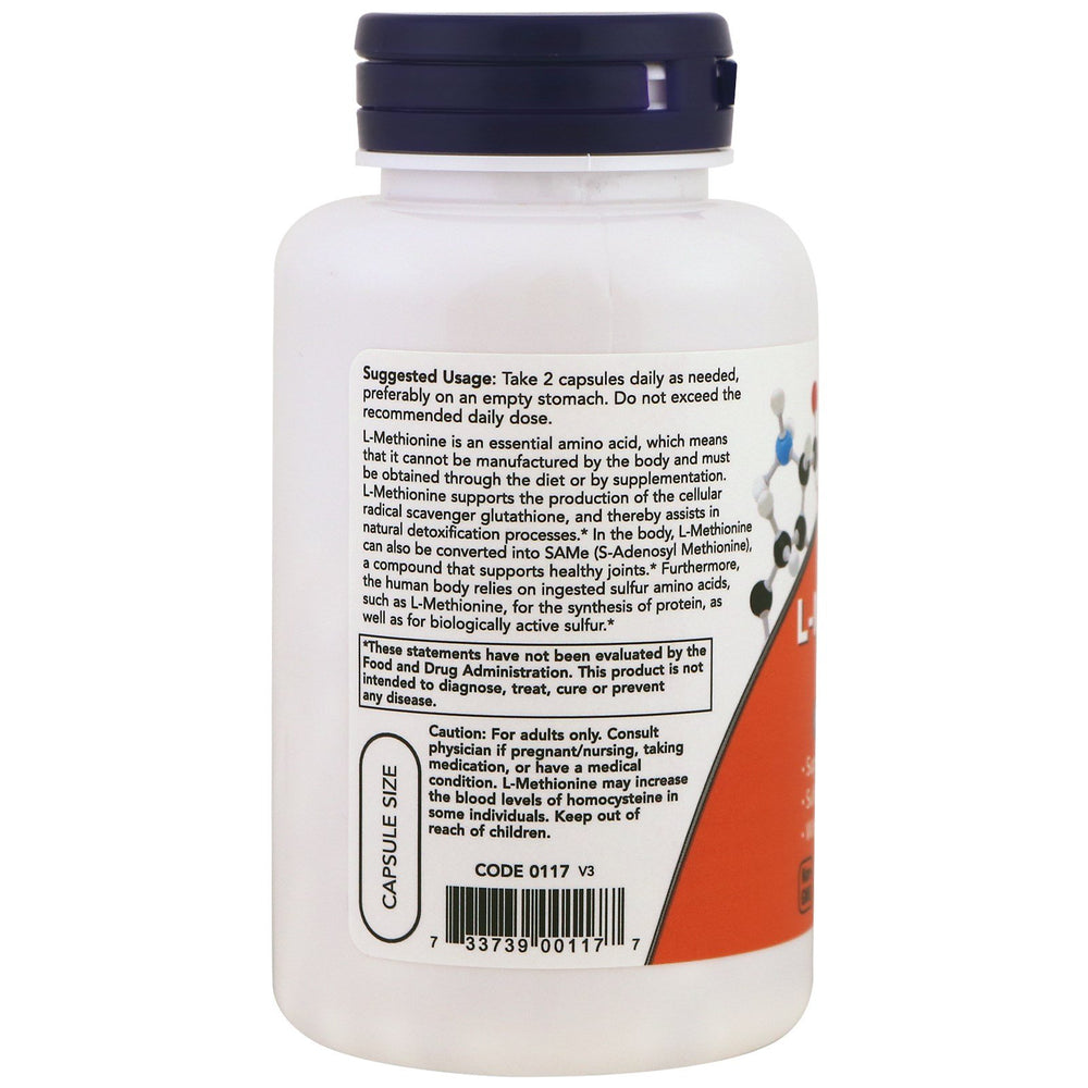 NOW Foods L-Methionine 500 mg label highlighting product details and usage tips