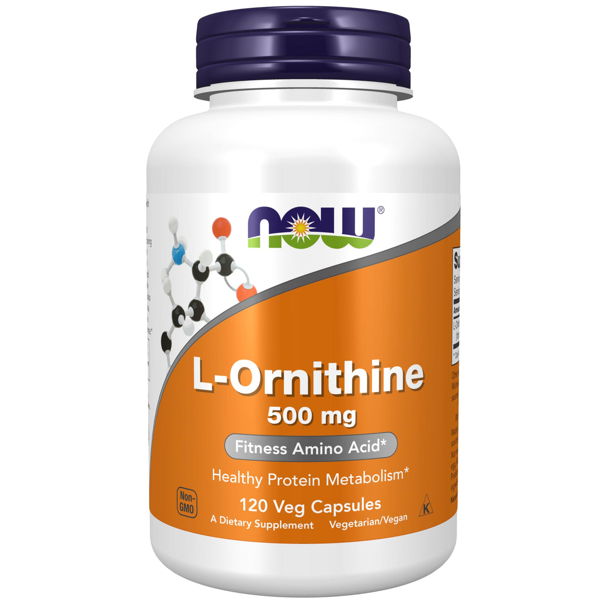 NOW Foods L-Ornithine Hydrochloride bottle-front showing clean packaging for metabolism support