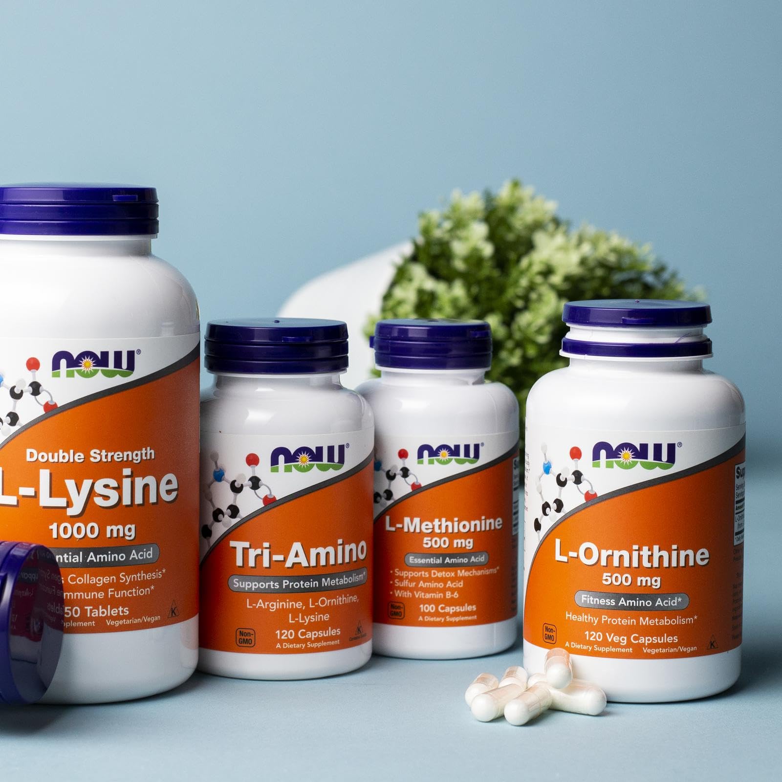 Closeup of NOW Foods L-Ornithine capsules showing veggie shells