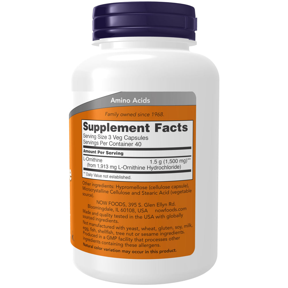 NOW Foods L-Ornithine Hydrochloride capsules inside bottle for easy daily use