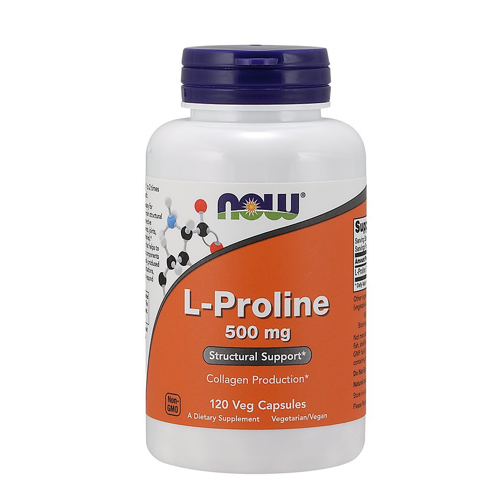 Now Foods L-Proline 500mg bottle; supports collagen-related structure and everyday joint comfort.