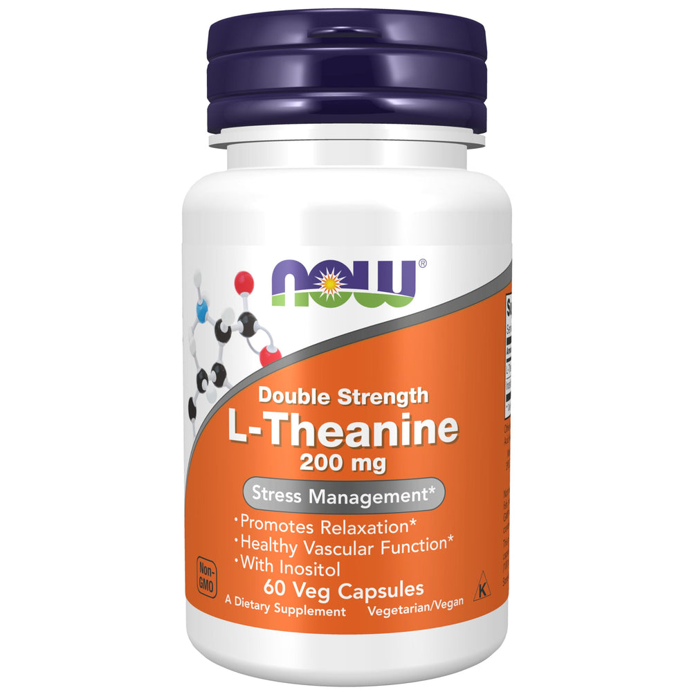 NOW Foods L-Theanine 200 mg with Inositol bottle for daily calm potential