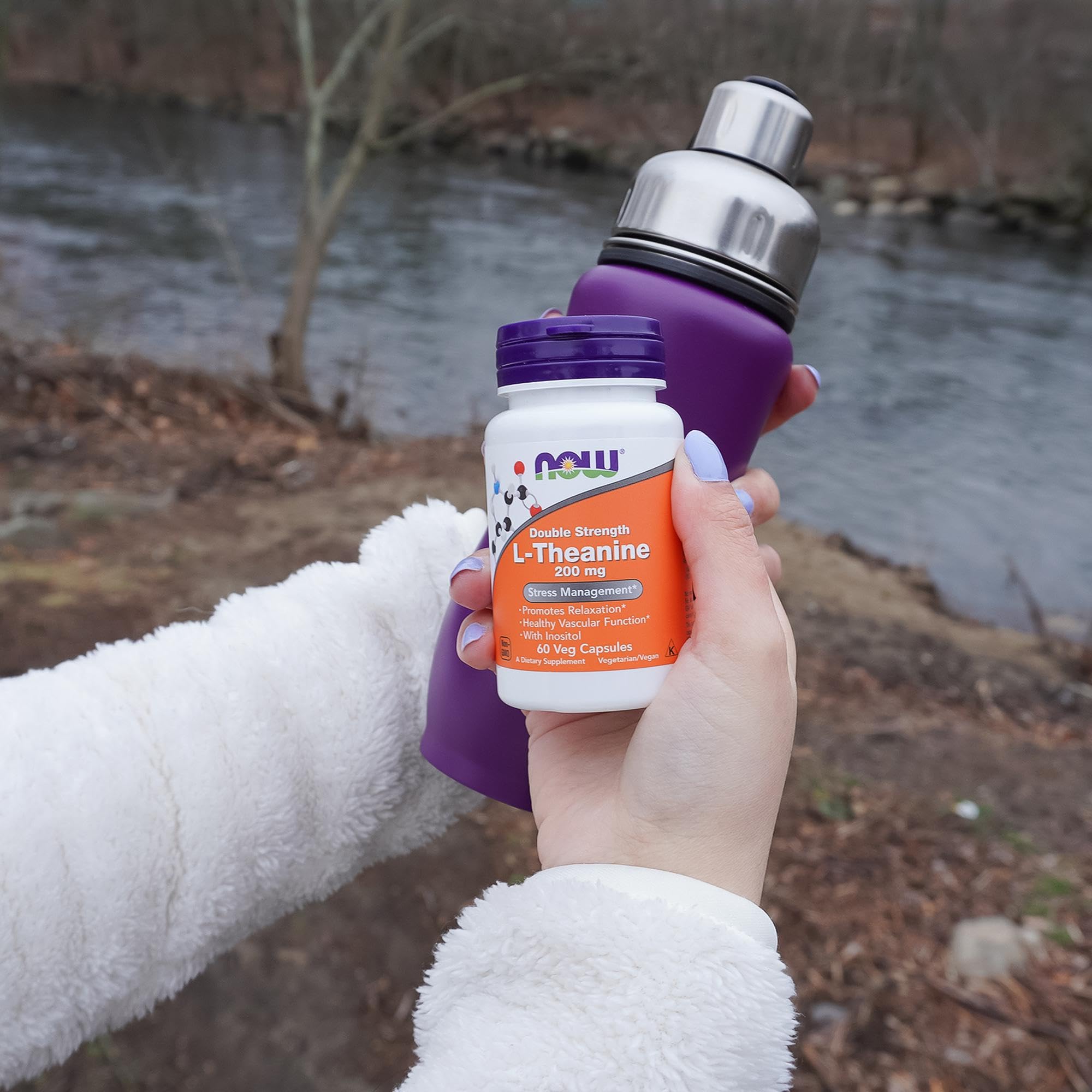 NOW Foods L-Theanine 200 mg capsules close-up emphasizes calm-focused effects