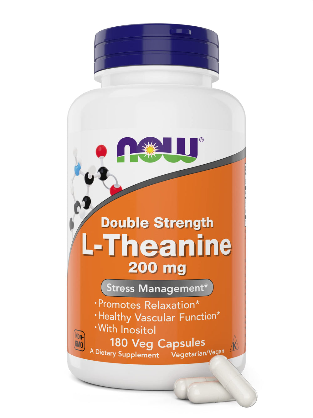 NOW Foods L-Theanine 200 mg bottle front, conveying premium calming support.
