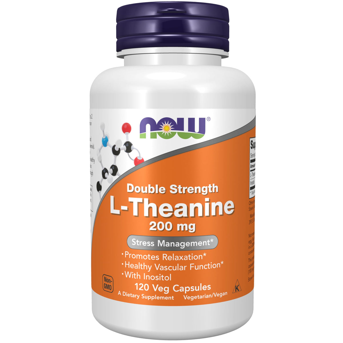 NOW Foods L-Theanine 200 mg with Inositol bottle front for calm focus.