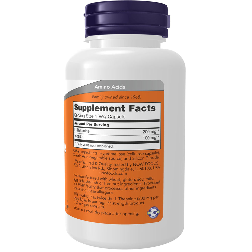 NOW Foods L-Theanine 200 mg with Inositol capsules closeup showing relaxed alertness.