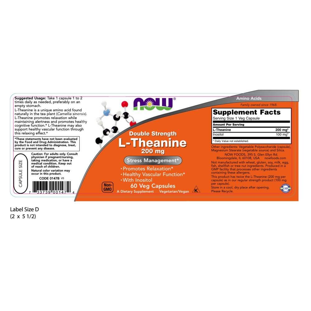 NOW Foods L-Theanine bottle with 60 capsules for easy daily relaxation