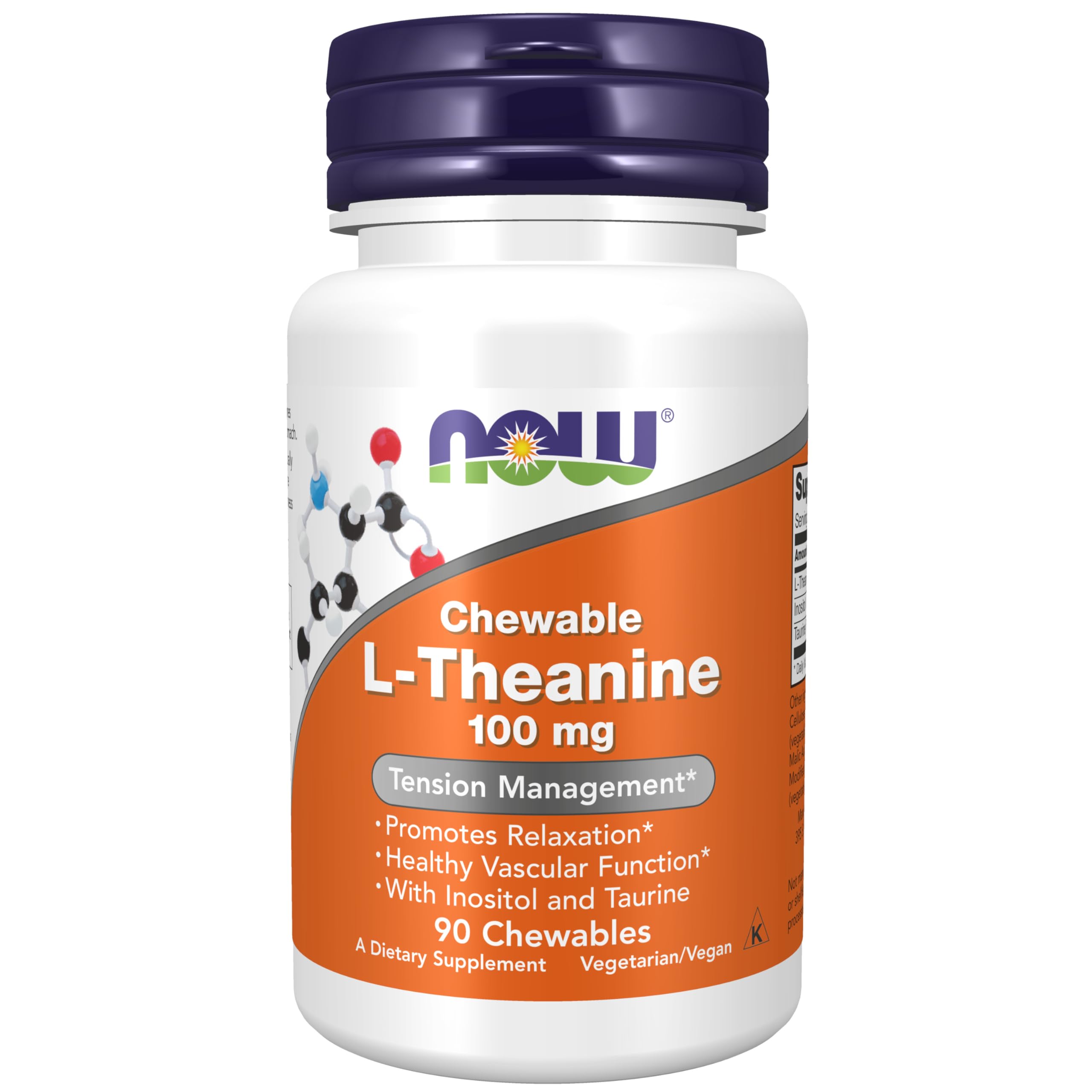NOW Foods L-Theanine berry chew bottle promotes relaxation and focused calm
