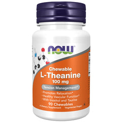 NOW Foods L-Theanine berry chew bottle promotes relaxation and focused calm