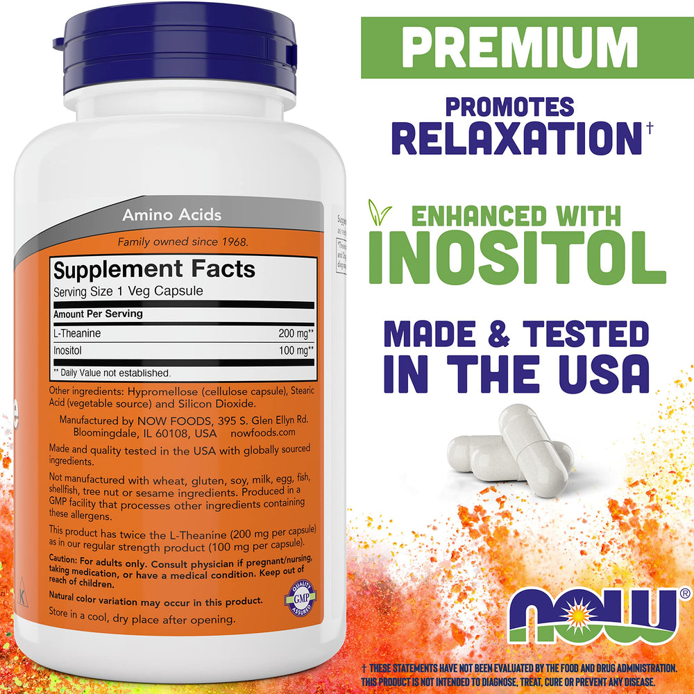 NOW Foods L-Theanine capsules close-up, showing the easy daily-use format.