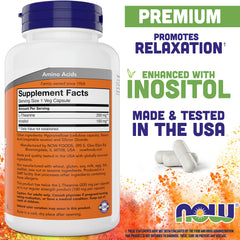 NOW Foods L-Theanine capsules close-up, showing the easy daily-use format.