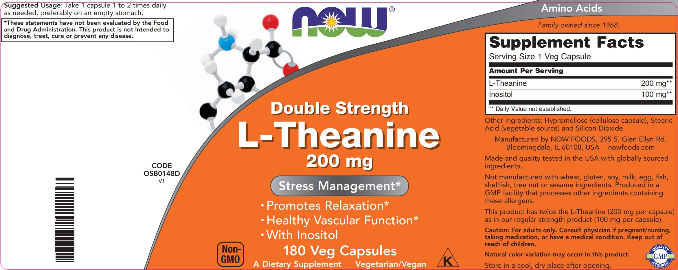 NOW Foods L-Theanine with Inositol highlight, emphasizing enhanced balance for focus.