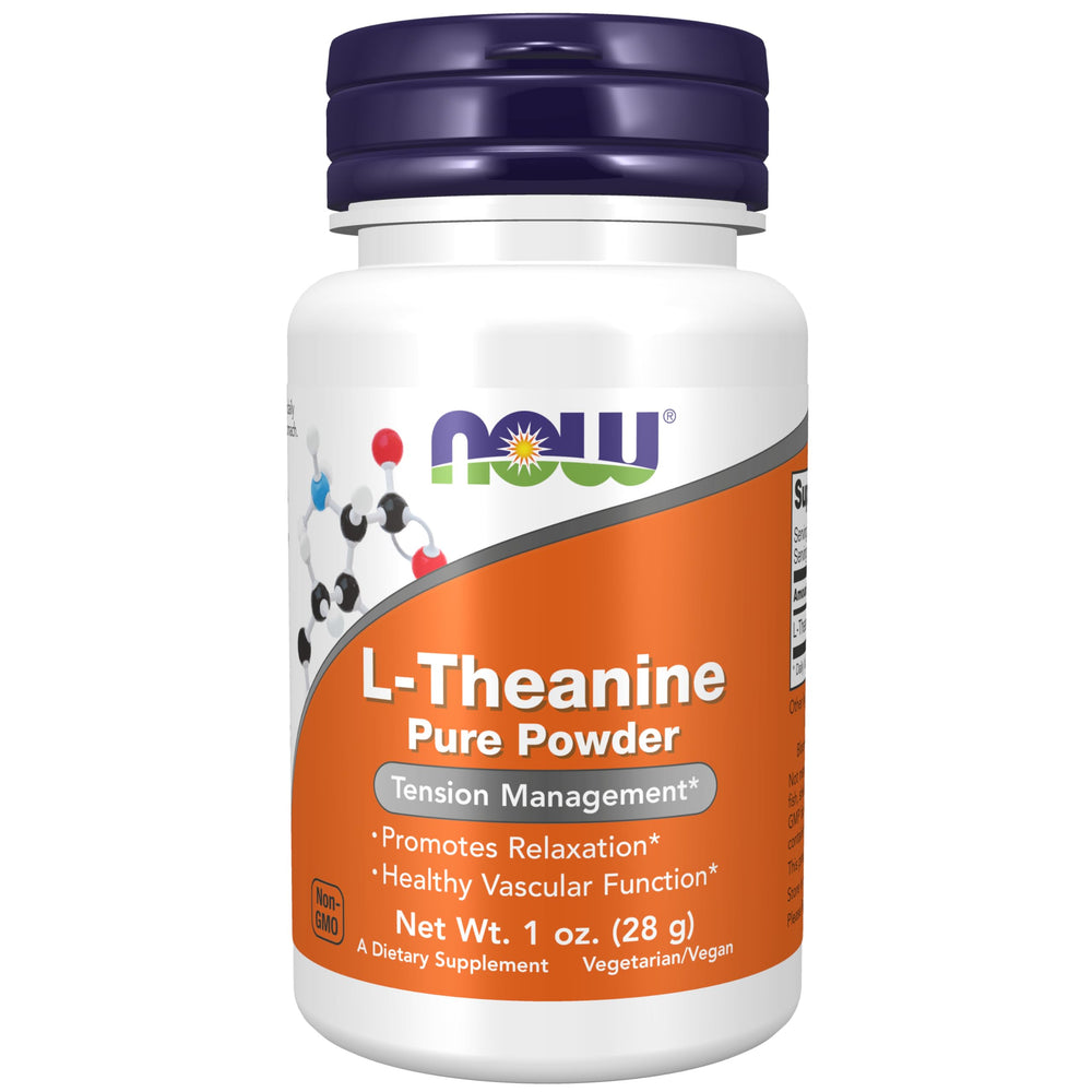 NOW Foods L-Theanine Pure Powder bottle on shelf signaling calm focus