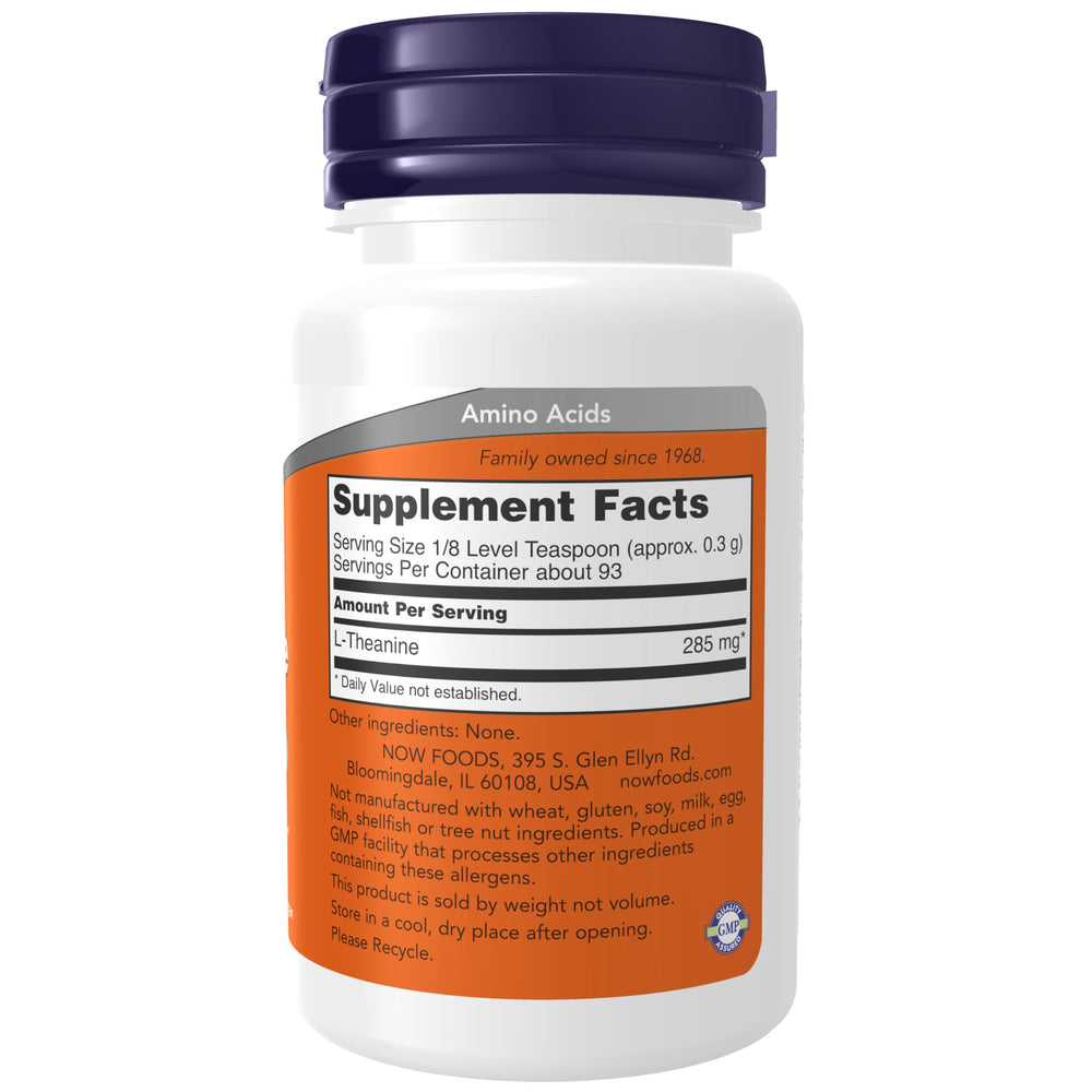 NOW Foods L-Theanine Pure Powder scoop showing convenient daily dosage