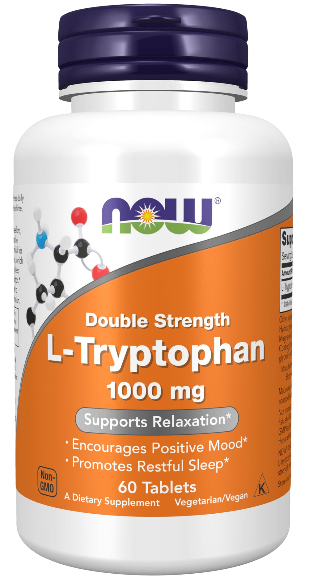NOW Foods L-Tryptophan 1000 mg bottle front supports mood and relaxation