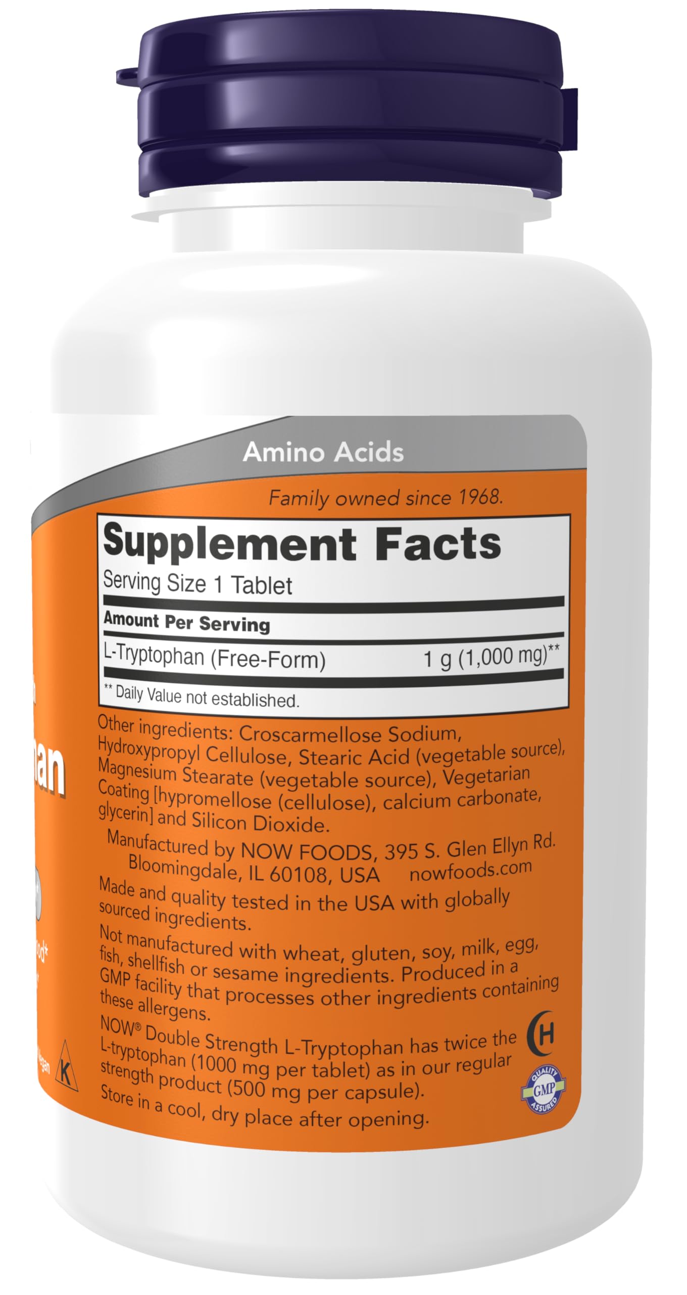 NOW Foods L-Tryptophan 1000 mg tablets closeup highlights double strength formula
