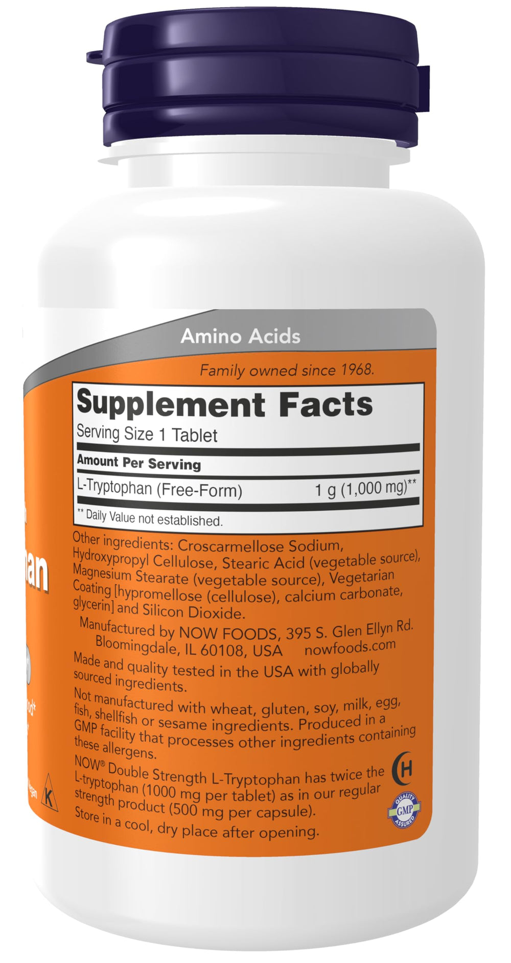 NOW Foods L-Tryptophan 1000 mg tablets closeup highlights double strength formula
